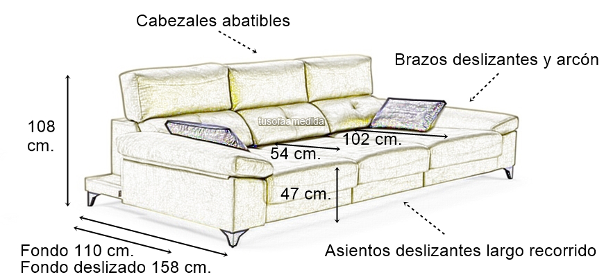 Sofá deslizante de largo recorrido con chaise longue arcón